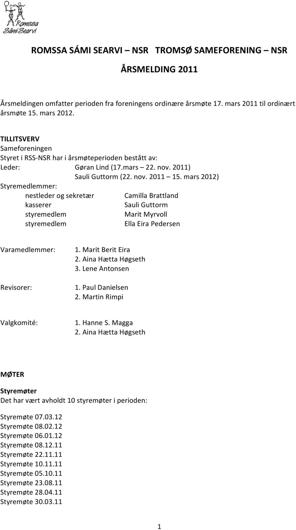 mars 2012) Styremedlemmer: nestleder og sekretær Camilla Brattland kasserer Sauli Guttorm styremedlem Marit Myrvoll styremedlem Ella Eira Pedersen Varamedlemmer: Revisorer: 1. Marit Berit Eira 2.