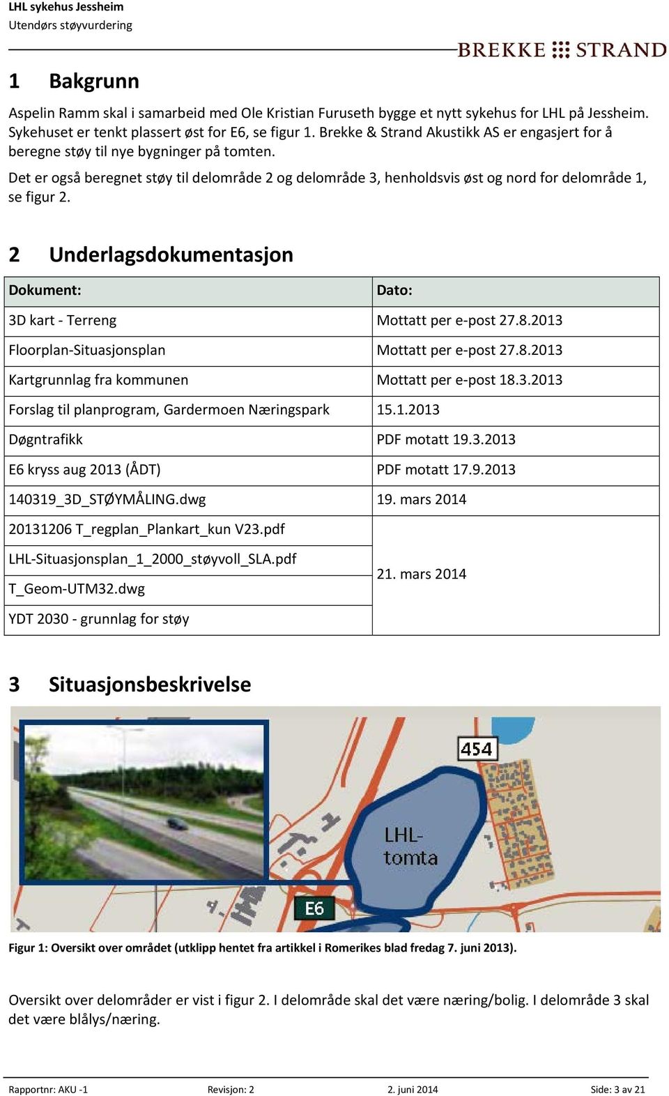 2 Underlagsdokumentasjon Dokument: Dato: 3D kart Terreng Mottatt per e post 27.8.2013 Floorplan Situasjonsplan Mottatt per e post 27.8.2013 Kartgrunnlag fra kommunen Mottatt per e post 18.3.2013 Forslag til planprogram, Gardermoen Næringspark 15.