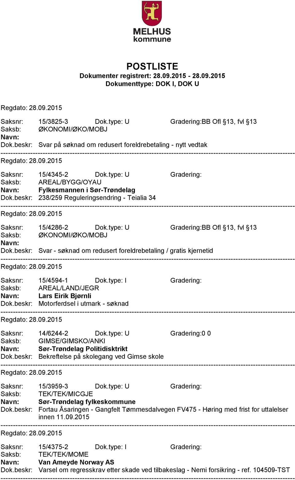 beskr: Svar - søknad om redusert foreldrebetaling / gratis kjernetid Saksnr: 15/4594-1 Dok.type: I Gradering: Saksb: AREAL/LAND/JEGR Lars Eirik Bjørnli Dok.