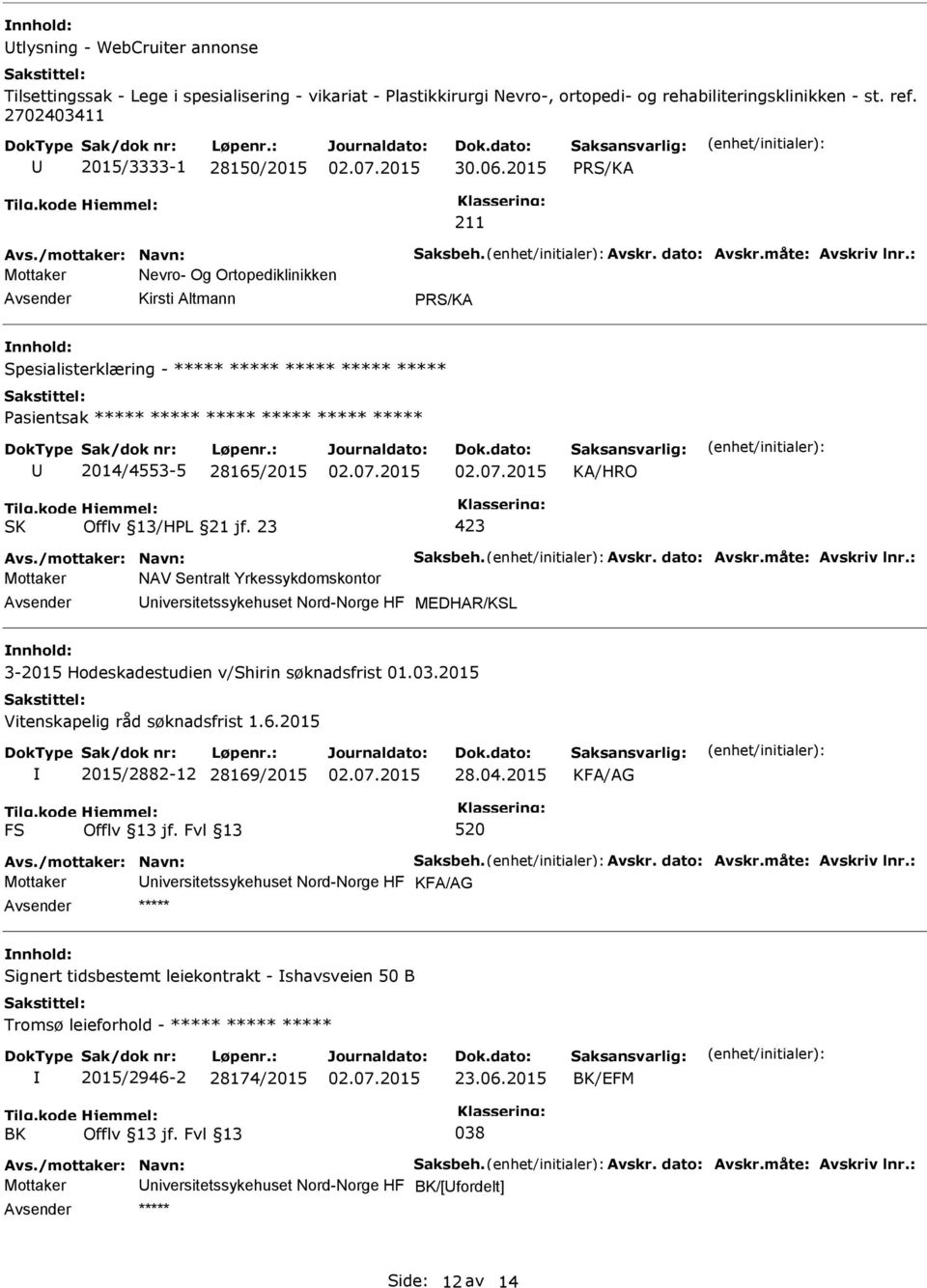 : Mottaker Nevro- Og Ortopediklinikken Kirsti Altmann Spesialisterklæring - ***** ***** ***** ***** ***** Pasientsak ***** ***** ***** ***** ***** ***** 2014/4553-5 28165/2015 Avs.