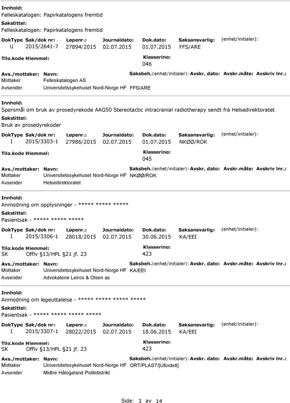 prosedyrekoder 2015/3303-1 27986/2015 NKØØ/ROK 045 Avs./mottaker: Navn: Saksbeh. Avskr. dato: Avskr.måte: Avskriv lnr.