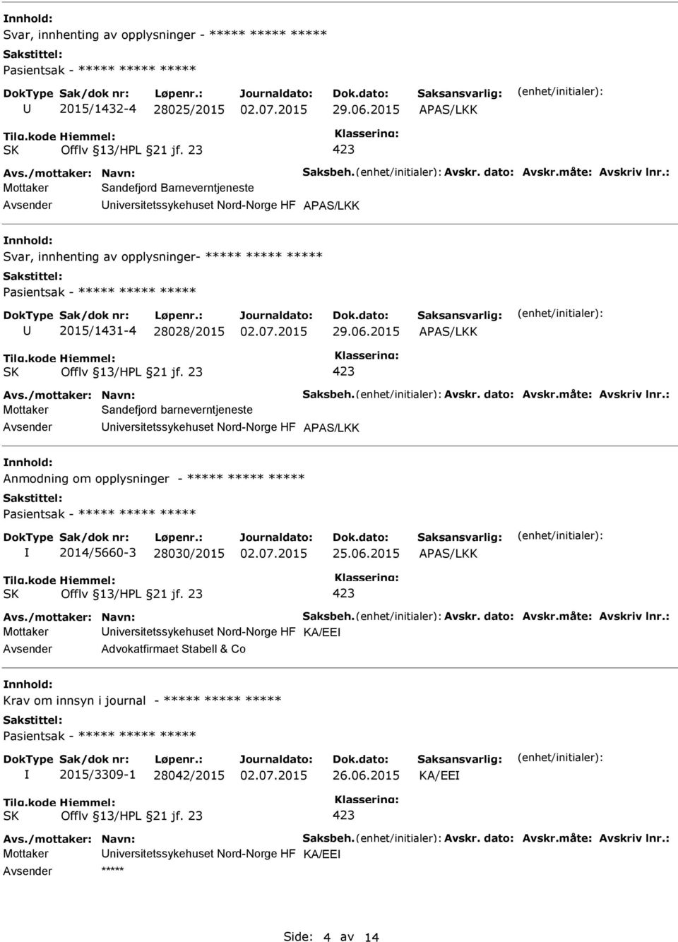 Avskr. dato: Avskr.måte: Avskriv lnr.: Mottaker Sandefjord barneverntjeneste niversitetssykehuset Nord-Norge HF APAS/LKK Anmodning om opplysninger - ***** ***** ***** 2014/5660-3 28030/2015 25.06.