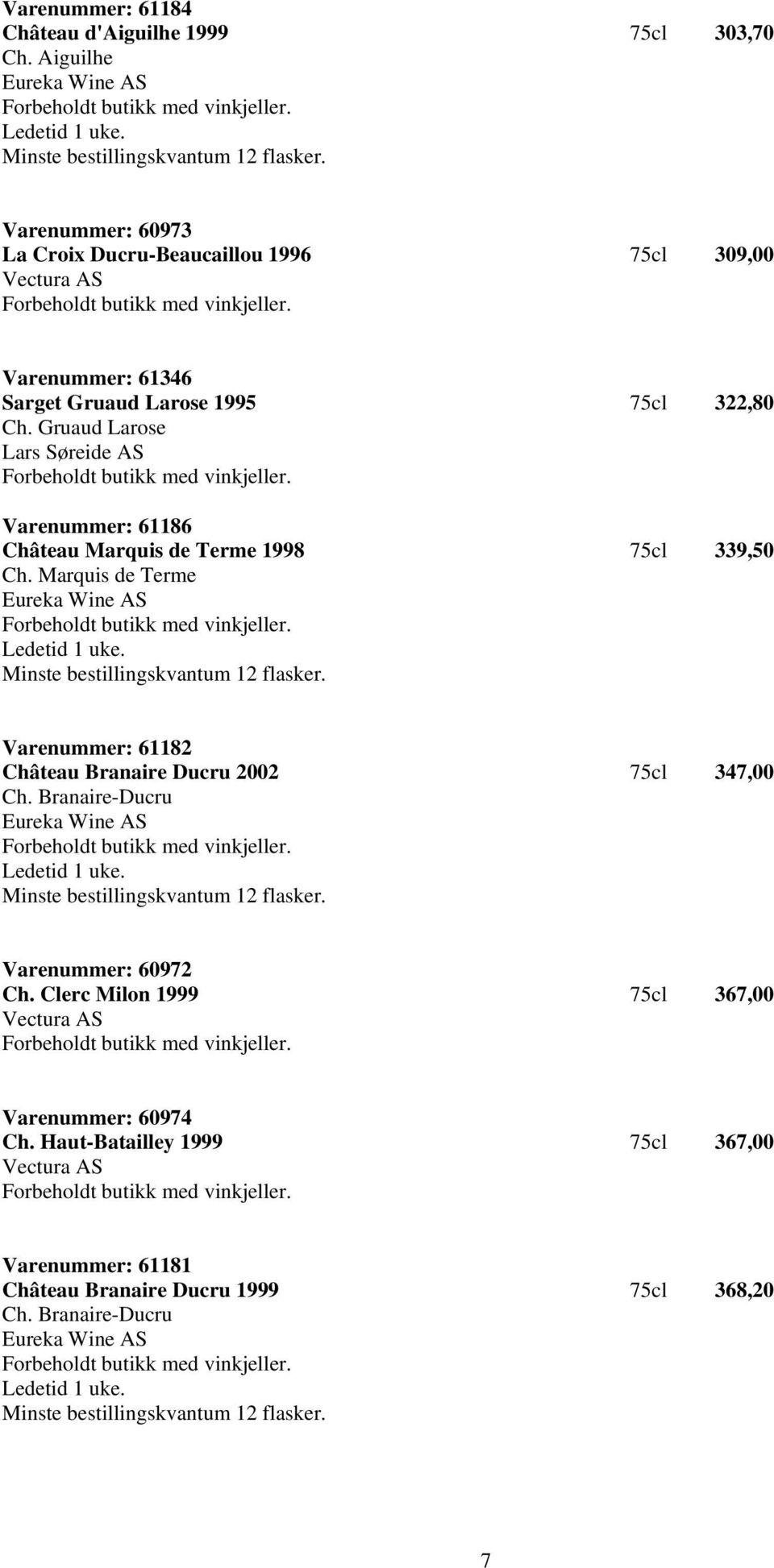 Gruaud Larose Lars Søreide AS Varenummer: 61186 Château Marquis de Terme 1998 75cl 339,50 Ch. Marquis de Terme Eureka Wine AS Ledetid 1 uke.