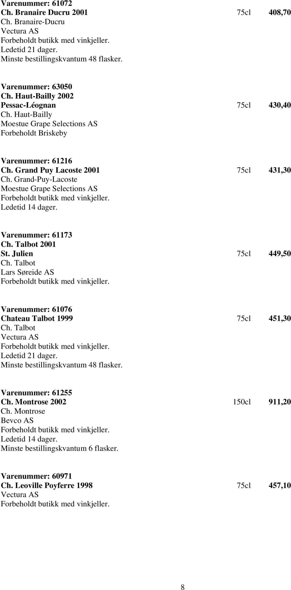 Grand-Puy-Lacoste Varenummer: 61173 Ch. Talbot 2001 St. Julien 75cl 449,50 Ch. Talbot Lars Søreide AS Varenummer: 61076 Chateau Talbot 1999 75cl 451,30 Ch.