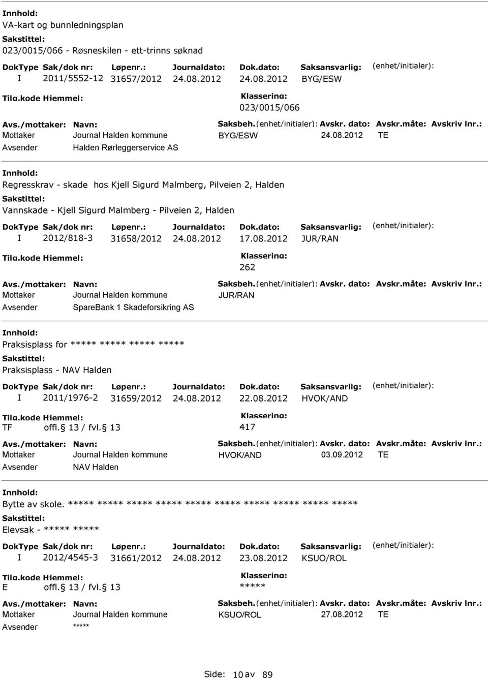 2012 JUR/RAN 262 Avs./mottaker: Navn: aksbeh. Avskr. dato: Avskr.måte: Avskriv lnr.