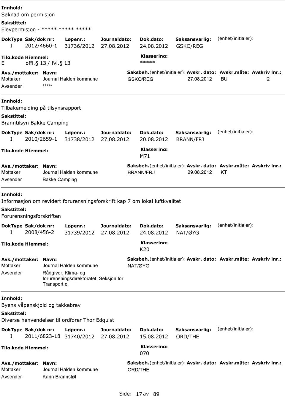 : BRANN/FRJ KT Avsender Bakke Camping nnhold: nformasjon om revidert forurensningsforskrift kap 7 om lokal luftkvalitet Forurensningsforskriften 2008/456-2 31739/2012 NAT/ØYG K20 Avs.