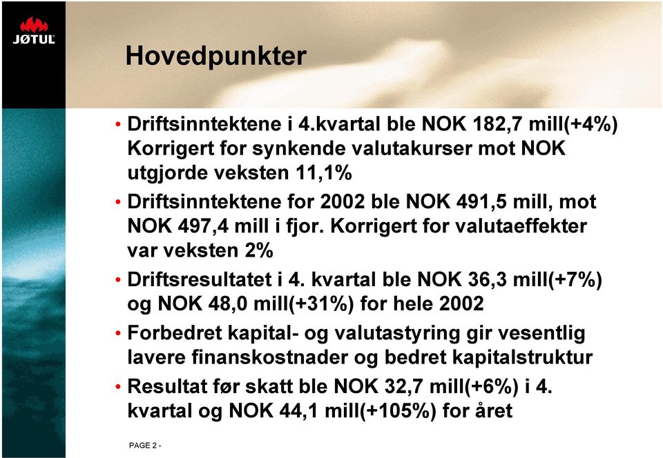 491,5 mill, mot NOK 497,4 mill i fjor. Korrigert for valutaeffekter var veksten 2% Driftsresultatet i 4.