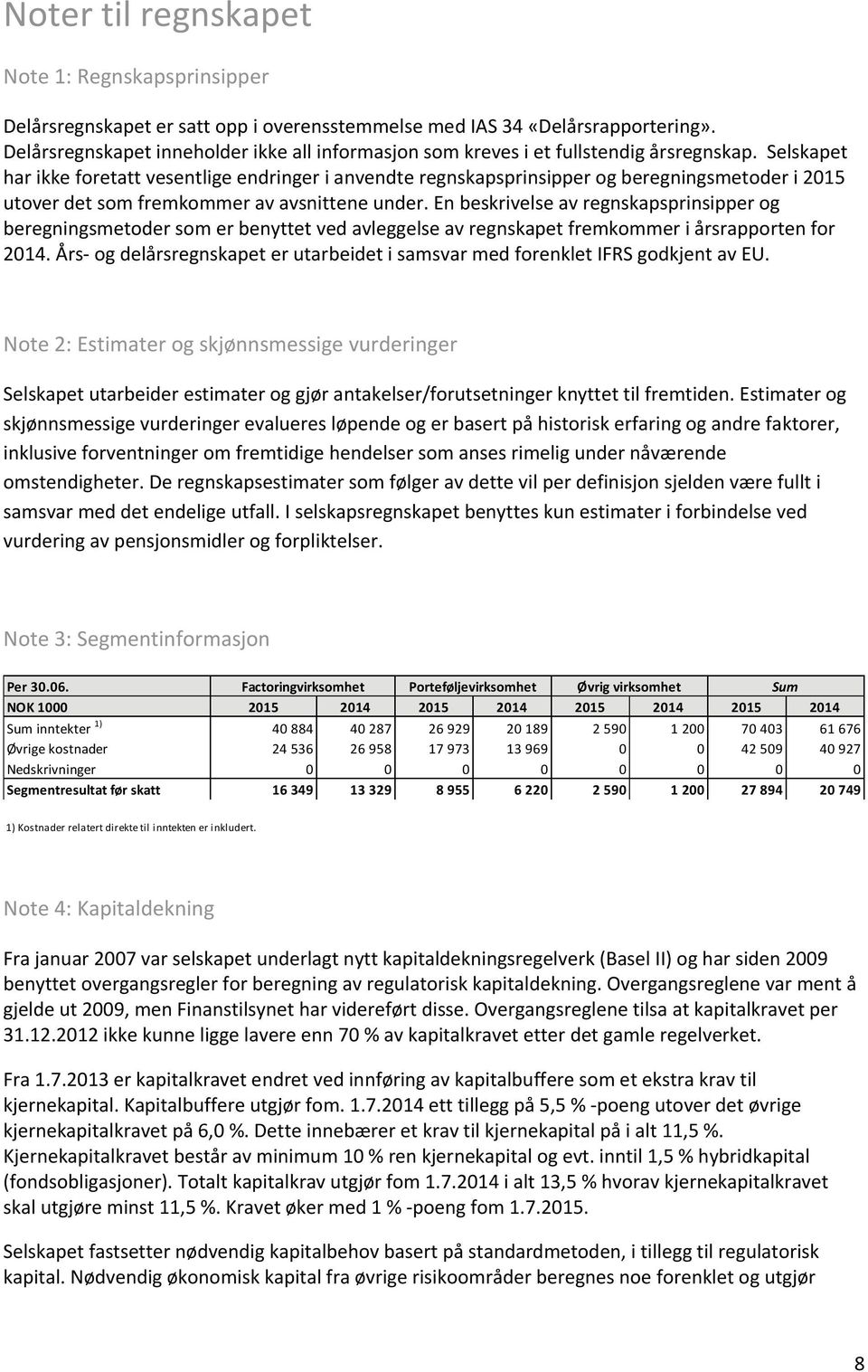 Selskapet har ikke foretatt vesentlige endringer i anvendte regnskapsprinsipper og beregningsmetoder i 2015 utover det som fremkommer av avsnittene under.