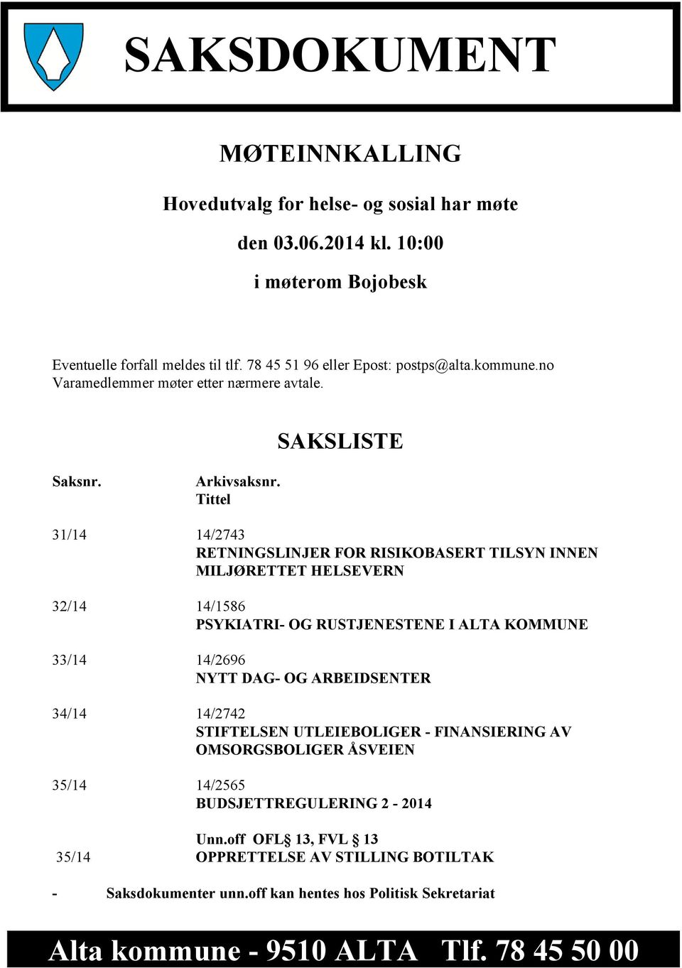 Tittel 31/14 14/2743 RETNINGSLINJER FOR RISIKOBASERT TILSYN INNEN MILJØRETTET HELSEVERN 32/14 14/1586 PSYKIATRI- OG RUSTJENESTENE I ALTA KOMMUNE 33/14 14/2696 NYTT DAG- OG ARBEIDSENTER