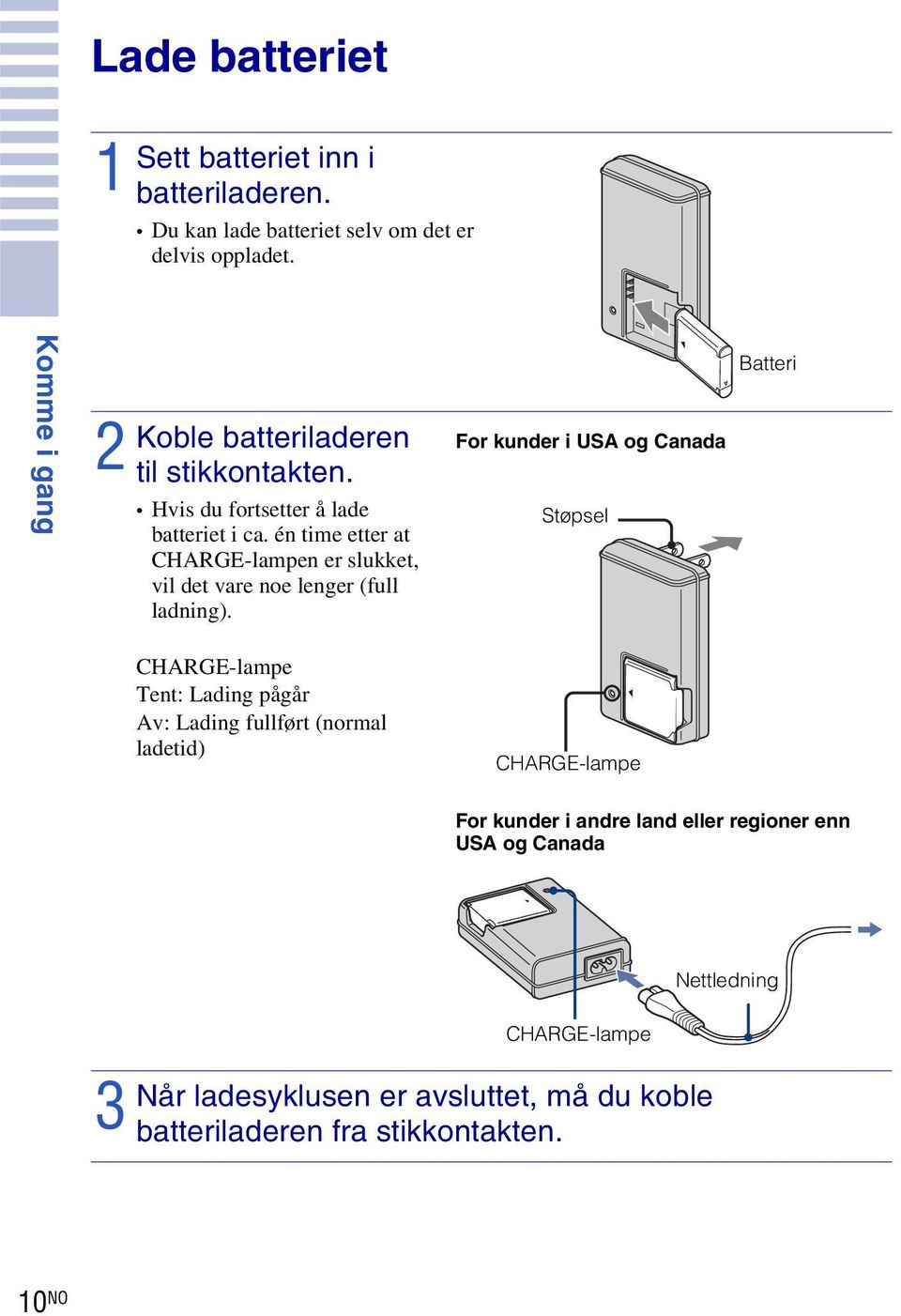 én time etter at CHARGE-lampen er slukket, vil det vare noe lenger (full ladning).