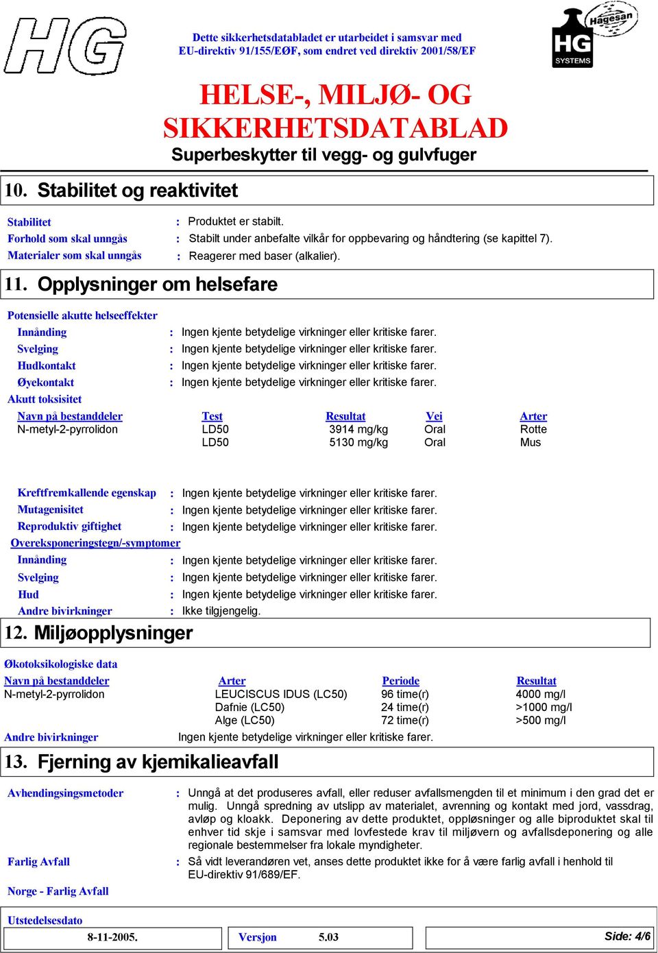 Opplysninger om helsefare Potensielle akutte helseeffekter Innånding Svelging Hudkontakt Øyekontakt Akutt toksisitet N-metyl-2-pyrrolidon Test Resultat Vei Arter LD50 3914 mg/kg Oral Rotte LD50 5130