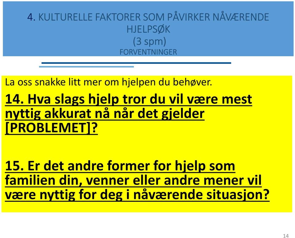 Hva slags hjelp tror du vil være mest nyttig akkurat nå når det gjelder [PROBLEMET]?