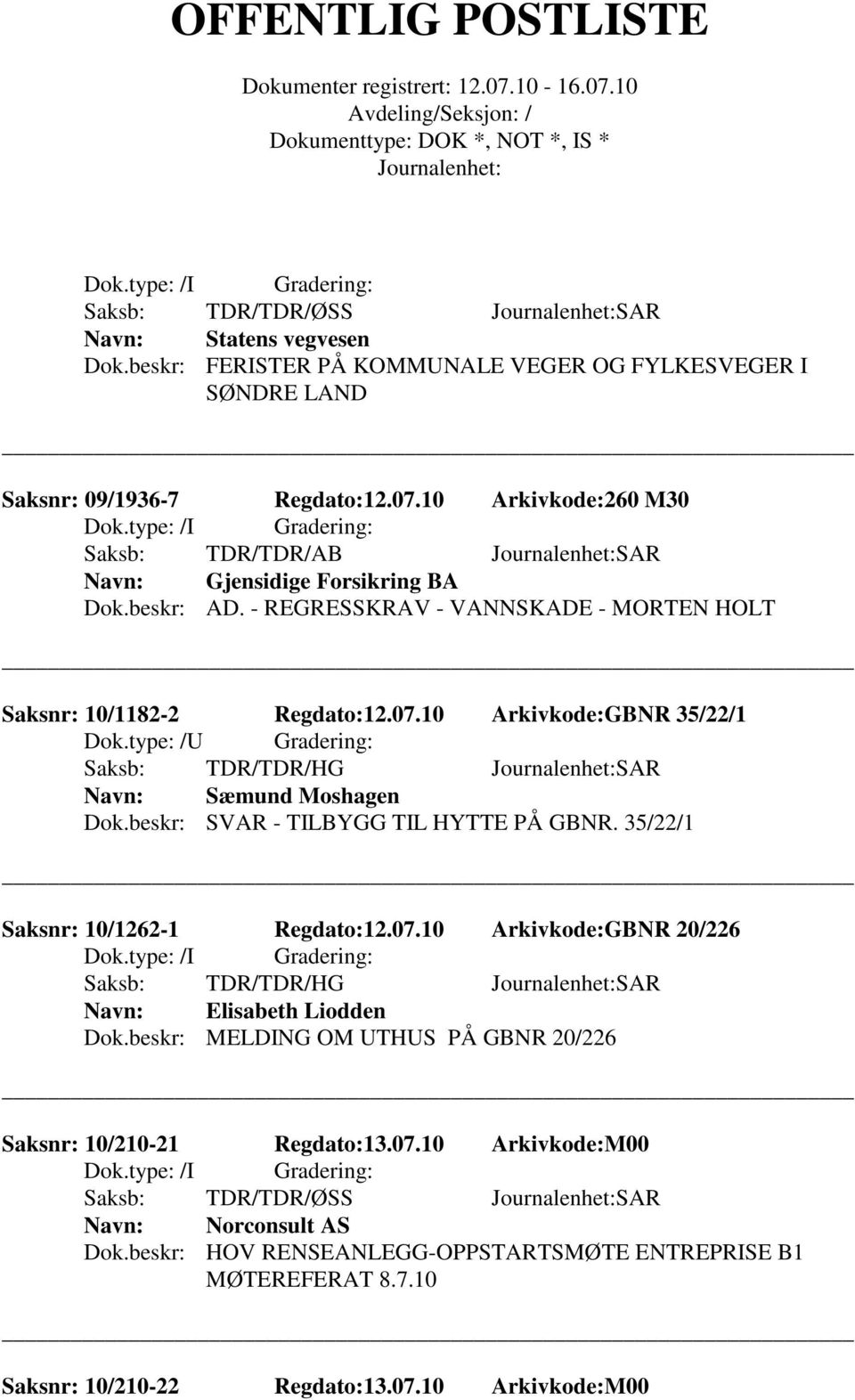 10 Arkivkode:GBNR 35/22/1 Saksb: TDR/TDR/HG SAR Sæmund Moshagen Dok.beskr: SVAR - TILBYGG TIL HYTTE PÅ GBNR. 35/22/1 Saksnr: 10/1262-1 Regdato:12.07.