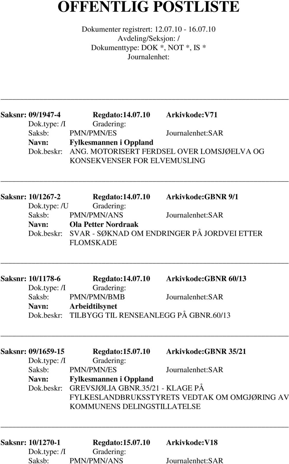 beskr: SVAR - SØKNAD OM ENDRINGER PÅ JORDVEI ETTER FLOMSKADE Saksnr: 10/1178-6 Regdato:14.07.10 Arkivkode:GBNR 60/13 Saksb: PMN/PMN/BMB SAR Arbeidtilsynet Dok.