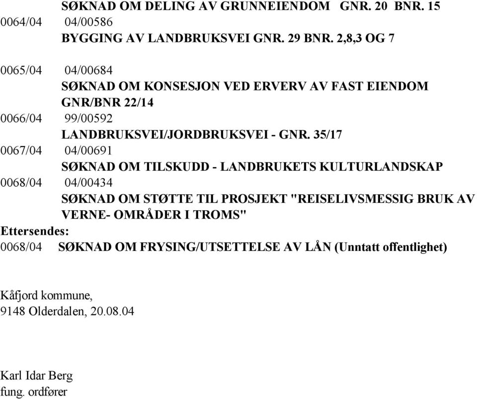 35/17 0067/04 04/00691 SØKNAD OM TILSKUDD - LANDBRUKETS KULTURLANDSKAP 0068/04 04/00434 SØKNAD OM STØTTE TIL PROSJEKT "REISELIVSMESSIG BRUK