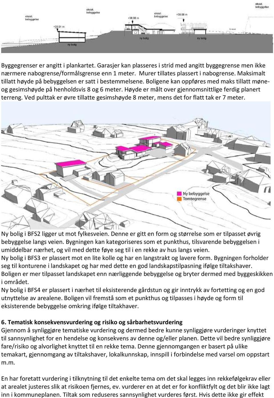 Høyde er målt over gjennomsnittlige ferdig planert terreng. Ved pulttak er øvre tillatte gesimshøyde 8 meter, mens det for flatt tak er 7 meter. Ny bolig i BFS2 ligger ut mot fylkesveien.