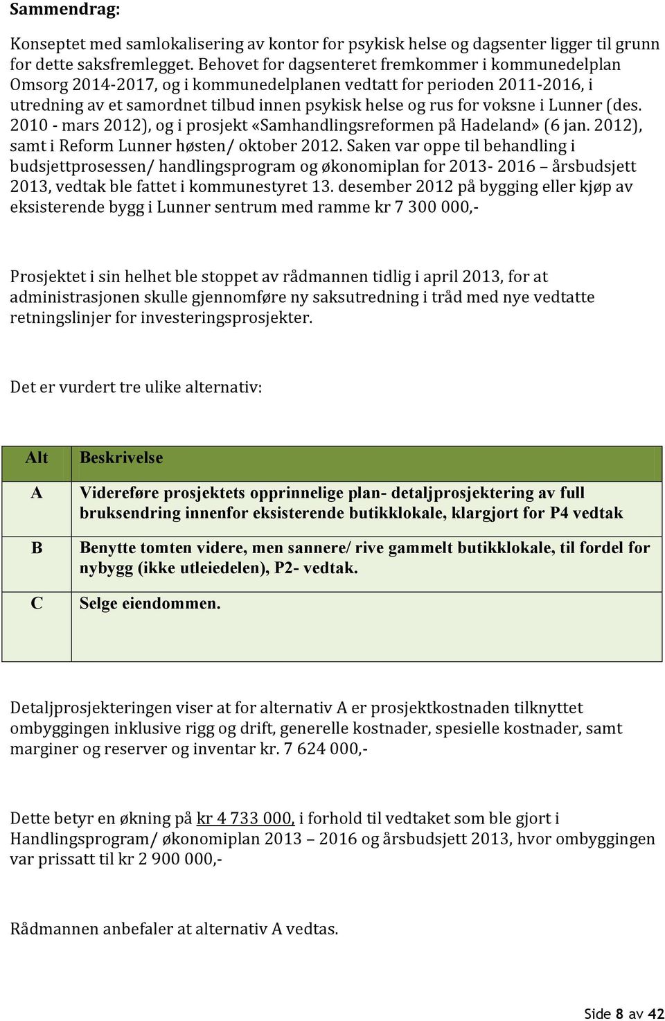 Lunner (des. 2010 - mars 2012), og i prosjekt «Samhandlingsreformen på Hadeland» (6 jan. 2012), samt i Reform Lunner høsten/ oktober 2012.