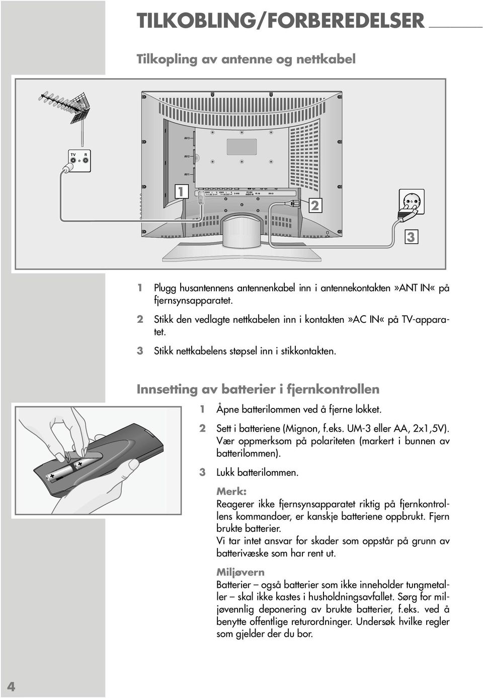 Innsetting av batterier i fjernkontrollen 1 Åpne batterilommen ved å fjerne lokket. 2 Sett i batteriene (Mignon, f.eks. UM-3 eller AA, 2x1,5V).