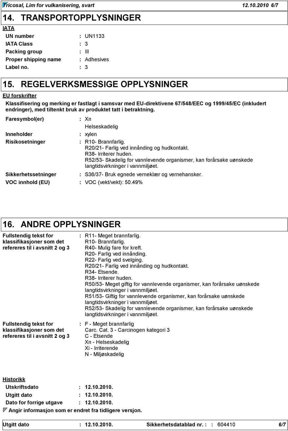 betraktning. Faresymbol(er) Inneholder Risikosetninger Sikkerhetssetninger VOC innhold (EU) VOC (vekt/vekt) 50.49% Xn Helseskadelig xylen R10- Brannfarlig. R20/21- Farlig ved innånding og hudkontakt.