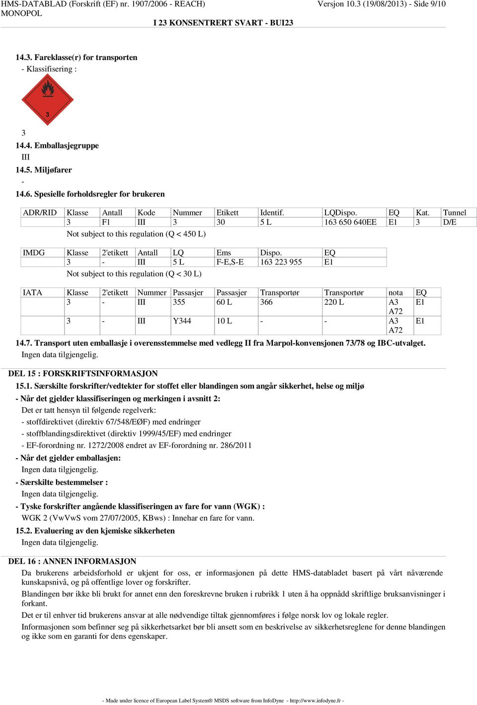 EQ 3 - III 5 L F-E,S-E 163 223 955 E1 Not subject to this regulation (Q < 30 L) IATA Klasse 2'etikett Nummer Passasjer Passasjer Transportør Transportør nota EQ 3 - III 355 60 L 366 220 L A3 E1 A72 3