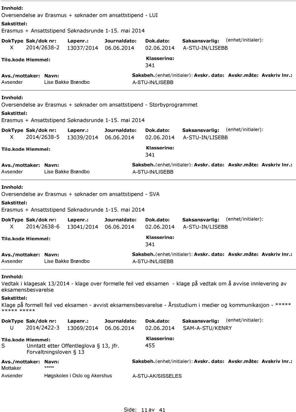 mai 2014 2014/2638-5 13039/2014 02.06.2014 A-ST-/LSEBB 341 Lise Bakke Brøndbo A-ST-/LSEBB Oversendelse av Erasmus + søknader om ansattstipend - SVA Erasmus + Ansattstipend Søknadsrunde 1-15.