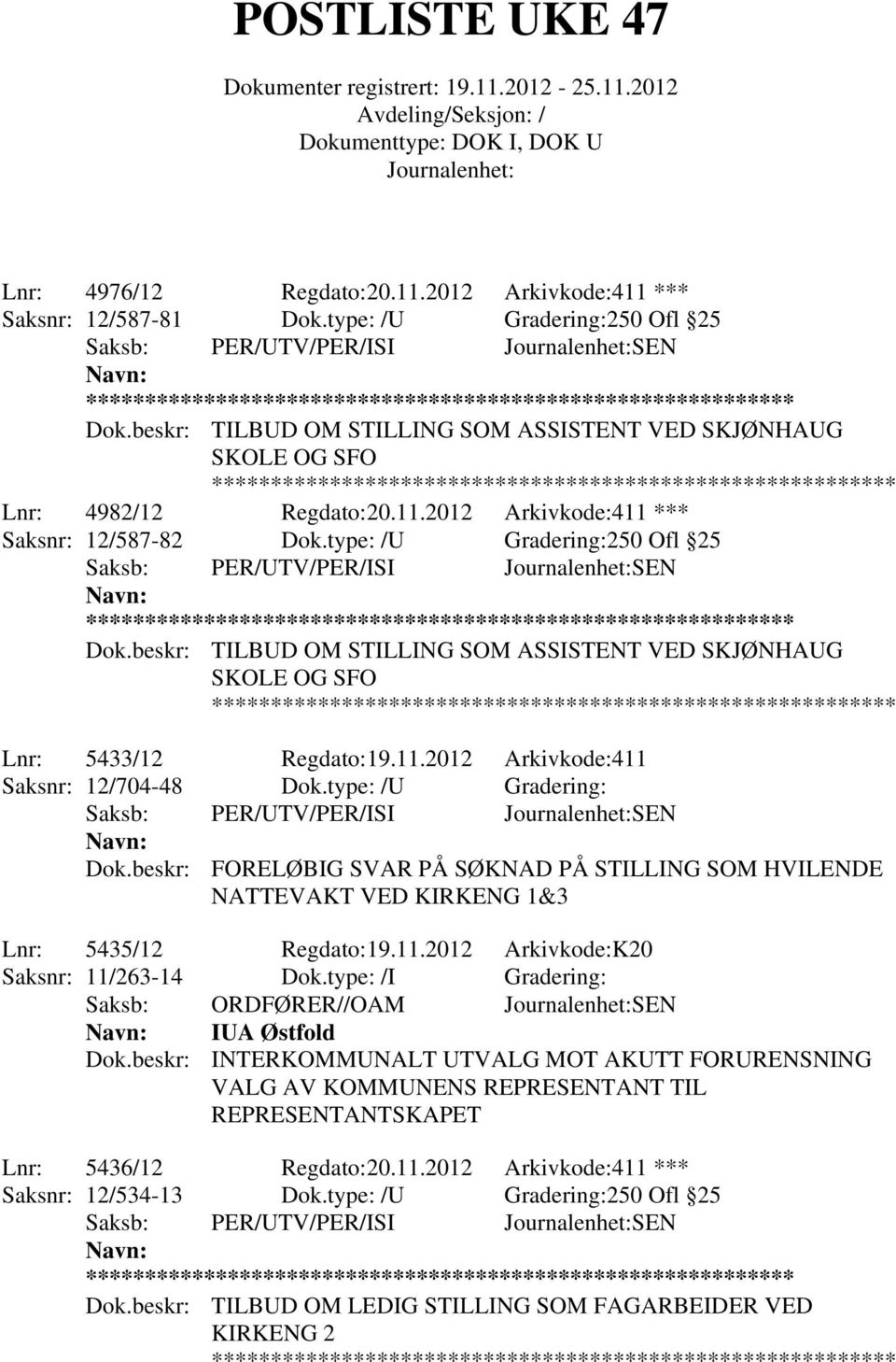 type: /U Gradering: Dok.beskr: FORELØBIG SVAR PÅ SØKNAD PÅ STILLING SOM HVILENDE NATTEVAKT VED KIRKENG 1&3 Lnr: 5435/12 Regdato:19.11.2012 Arkivkode:K20 Saksnr: 11/263-14 Dok.