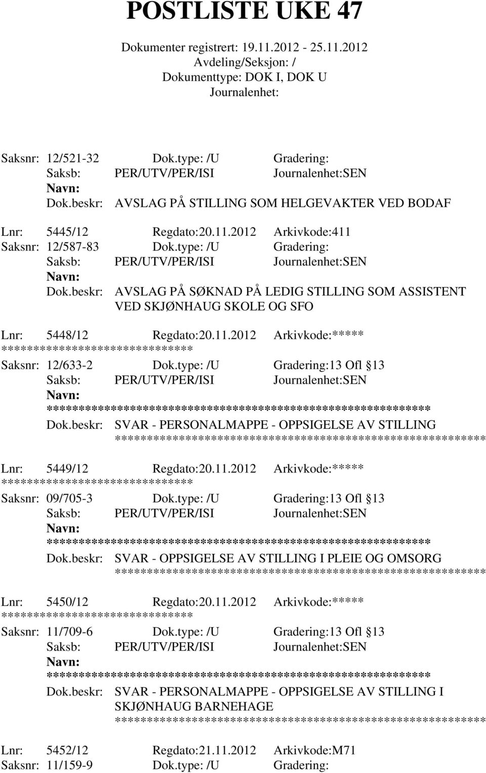 type: /U Gradering:13 Ofl 13 ** Dok.beskr: SVAR - OPPSIGELSE AV STILLING I PLEIE OG OMSORG Lnr: 5450/12 Regdato:20.11.2012 Arkivkode:***** Saksnr: 11/709-6 Dok.type: /U Gradering:13 Ofl 13 ** Dok.beskr: SVAR - PERSONALMAPPE - OPPSIGELSE AV STILLING I SKJØNHAUG BARNEHAGE Lnr: 5452/12 Regdato:21.