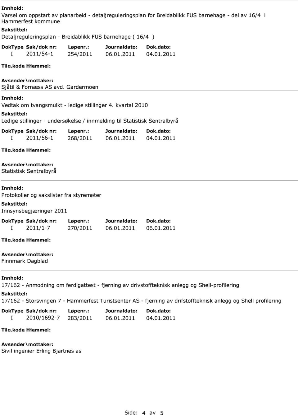 kvartal 2010 Ledige stillinger - undersøkelse / innmelding til Statistisk Sentralbyrå 2011/56-1 268/2011 Statistisk Sentralbyrå nnhold: Protokoller og sakslister fra styremøter nnsynsbegjæringer 2011