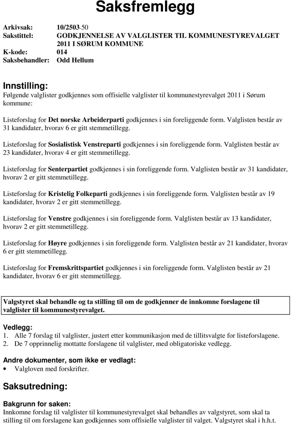 Valglisten består av 31 kandidater, hvorav 6 er gitt stemmetillegg. Listeforslag for Sosialistisk Venstreparti godkjennes i sin foreliggende form.