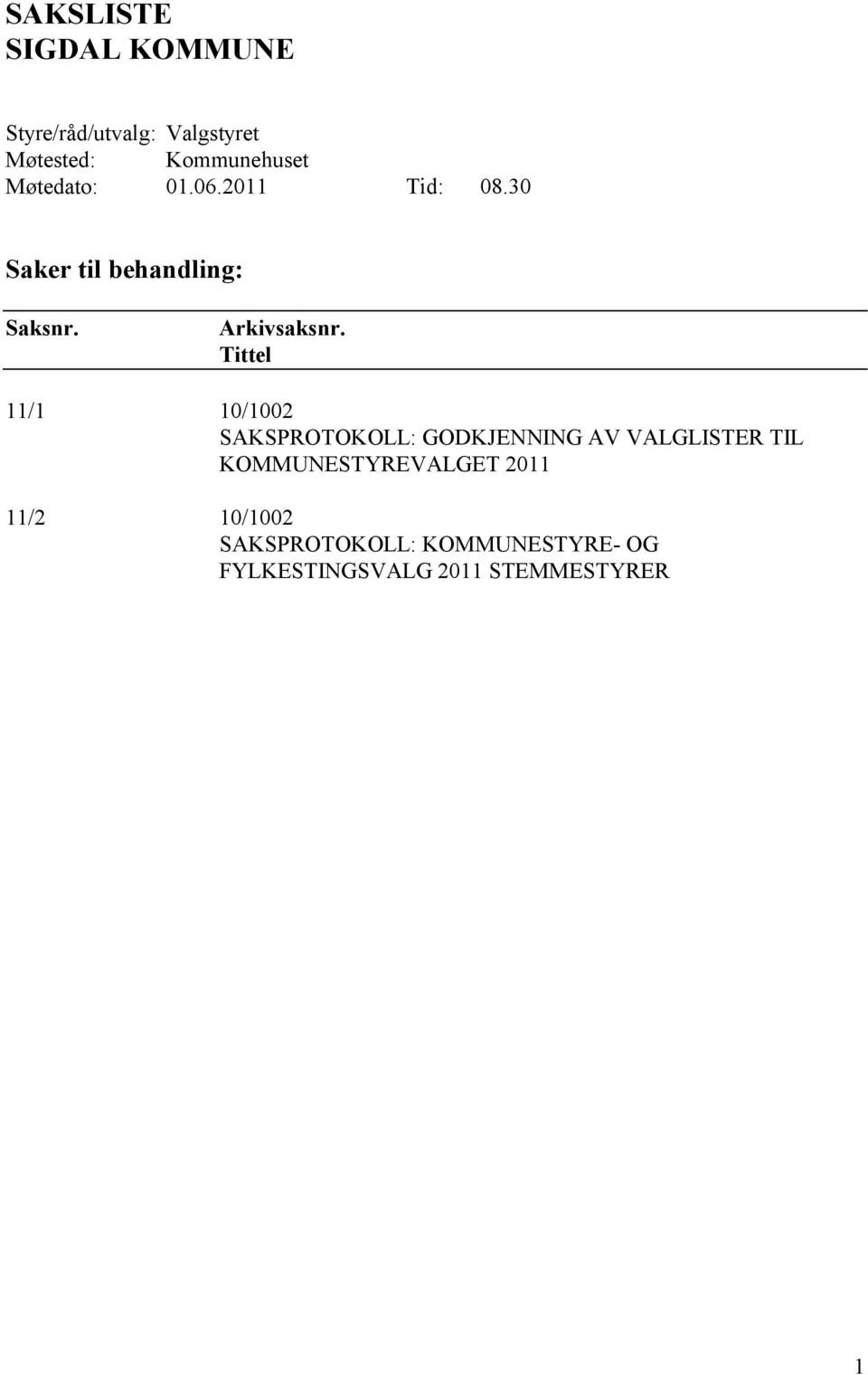 Tittel 11/1 10/1002 SAKSPROTOKOLL: GODKJENNING AV VALGLISTER TIL