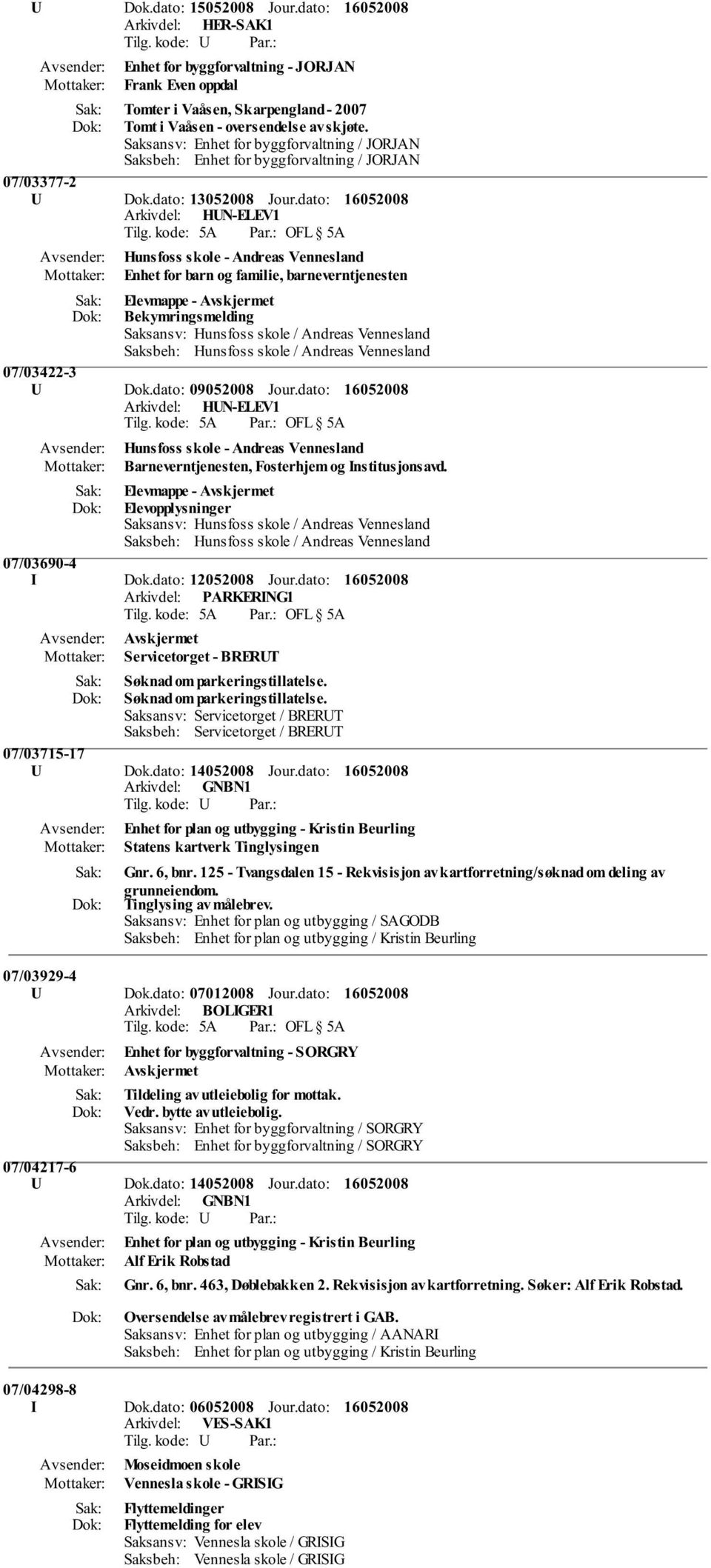 Avskjermet Bekymringsmelding 07/03422-3 U Dok.dato: 09052008 Jour.dato: Hunsfoss skole - Andreas Vennesland Barneverntjenesten, Fosterhjem og Institusjonsavd.