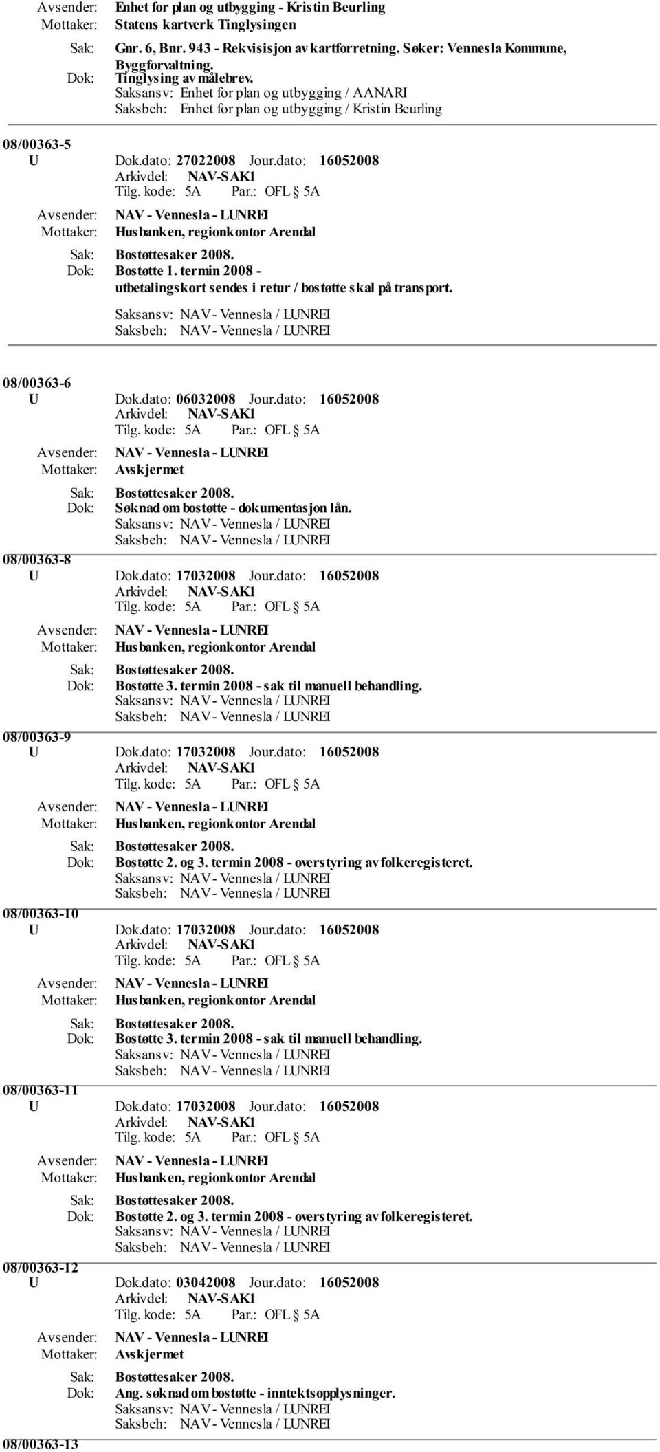 termin 2008 - utbetalingskort sendes i retur / bostøtte skal på transport. 08/00363-6 U Dok.dato: 06032008 Jour.dato: NAV - Vennesla - LUNREI Avskjermet Bostøttesaker 2008.