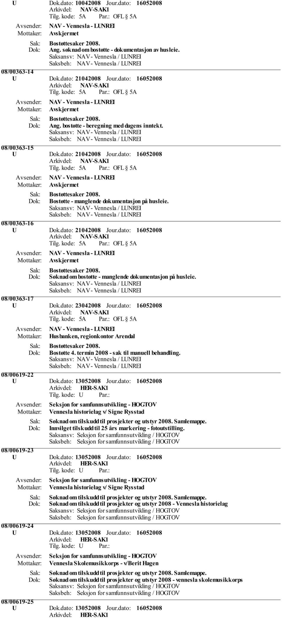 dato: NAV - Vennesla - LUNREI Avskjermet Bostøttesaker 2008. Bostøtte - manglende dokumentasjon på husleie. 08/00363-16 U Dok.dato: 21042008 Jour.