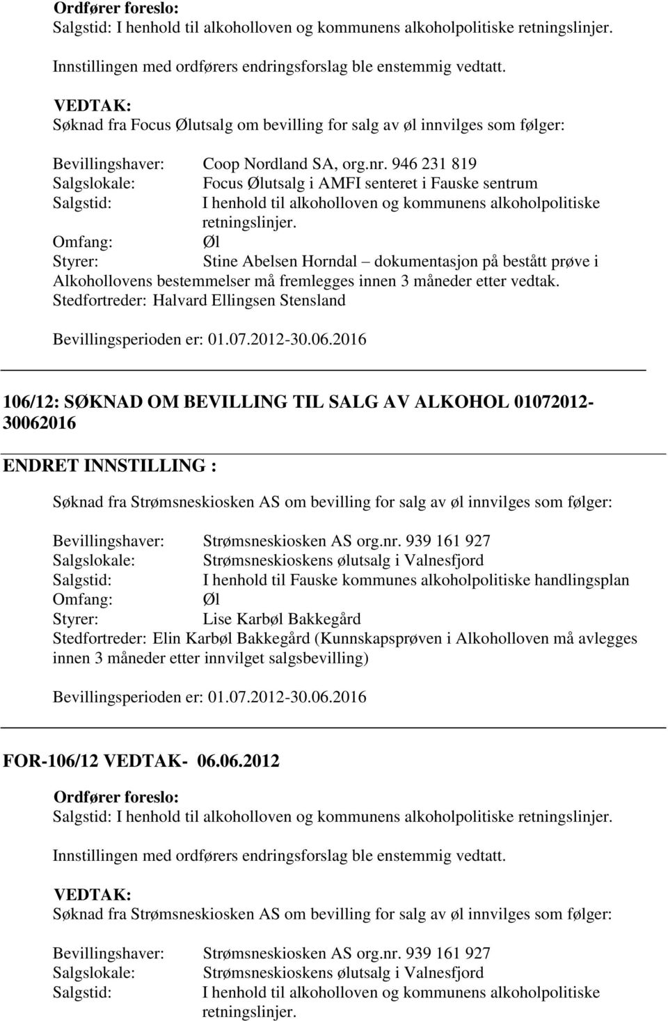 bestått prøve i Alkohollovens bestemmelser må fremlegges innen 3 måneder etter vedtak. Stedfortreder: Halvard Ellingsen Stensland Bevillingsperioden er: 01.07.2012-30.06.