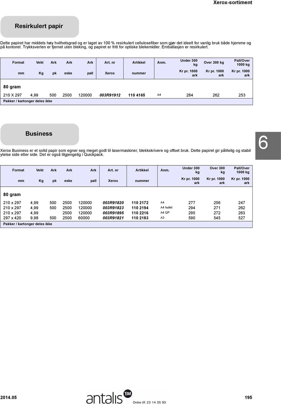Under 300 Over 300 1000 mm Kg pk eske pall Xerox nummer 80 gram 210 X 297 4,99 500 2500 120000 003R91912 110 4165 A4 284 262 253 Business Xerox Business er et solid papir som egner seg meget godt til