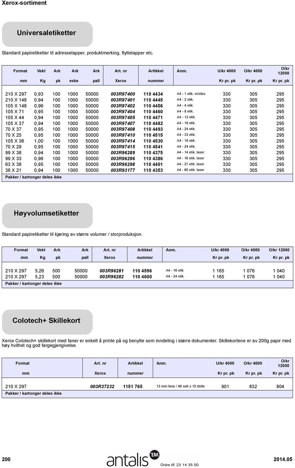 330 305 295 105 X 148 0,96 100 1000 50000 003R97402 110 4456 A4-4 etik. 330 305 295 105 X 71 0,95 100 1000 50000 003R97404 110 4460 A4-8 etik.