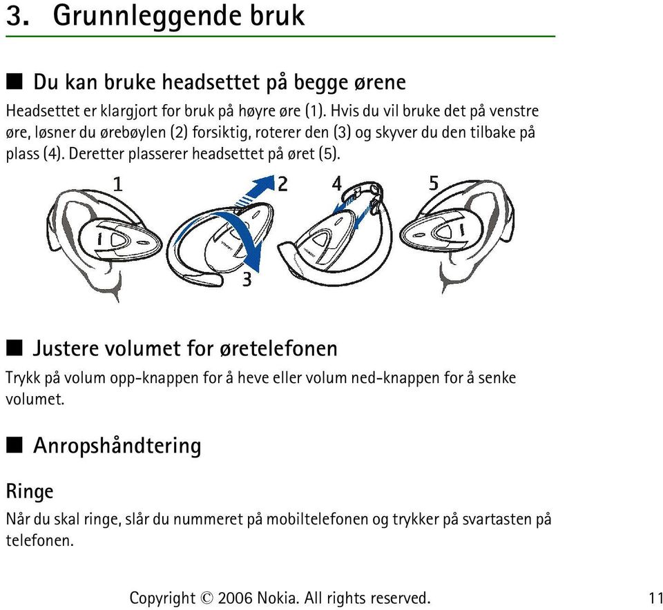 Deretter plasserer headsettet på øret (5).