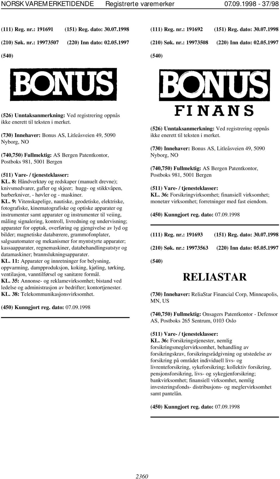 (730) Innehaver: Bonus AS, Litleåsveien 49, 5090 Nyborg, NO (740,750) Fullmektig: AS Bergen Patentkontor, Postboks 981, 5001 Bergen KL.