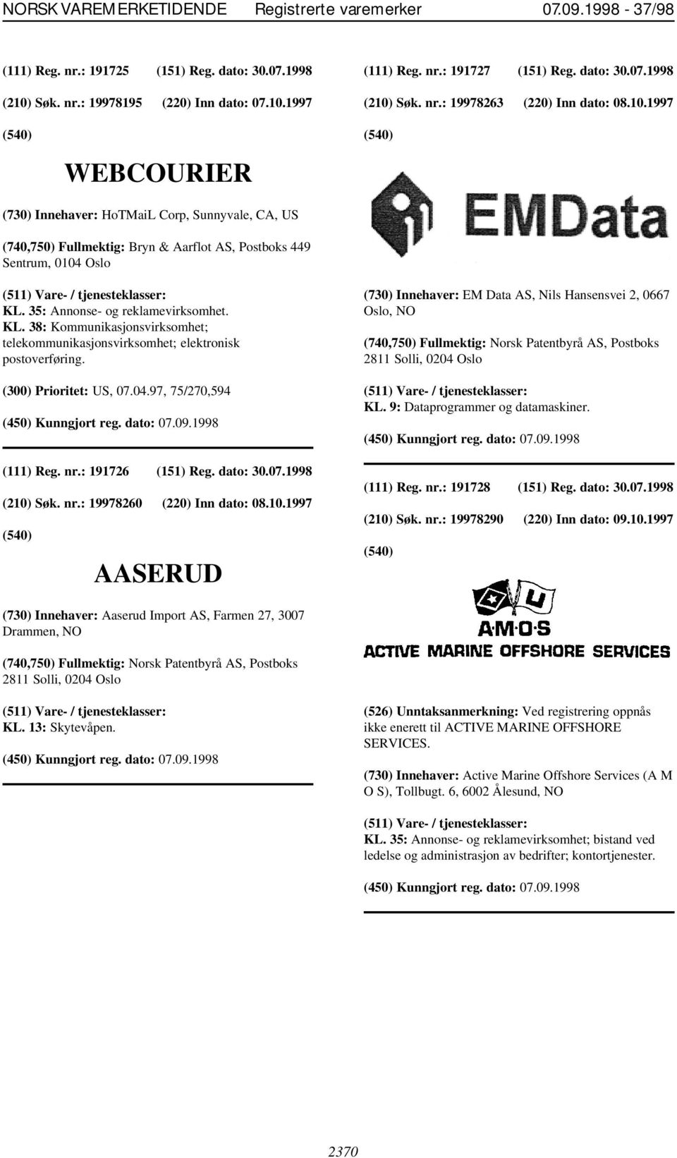 35: Annonse- og reklamevirksomhet. KL. 38: Kommunikasjonsvirksomhet; telekommunikasjonsvirksomhet; elektronisk postoverføring. (300) Prioritet: US, 07.04.97, 75/270,594 (111) Reg. nr.