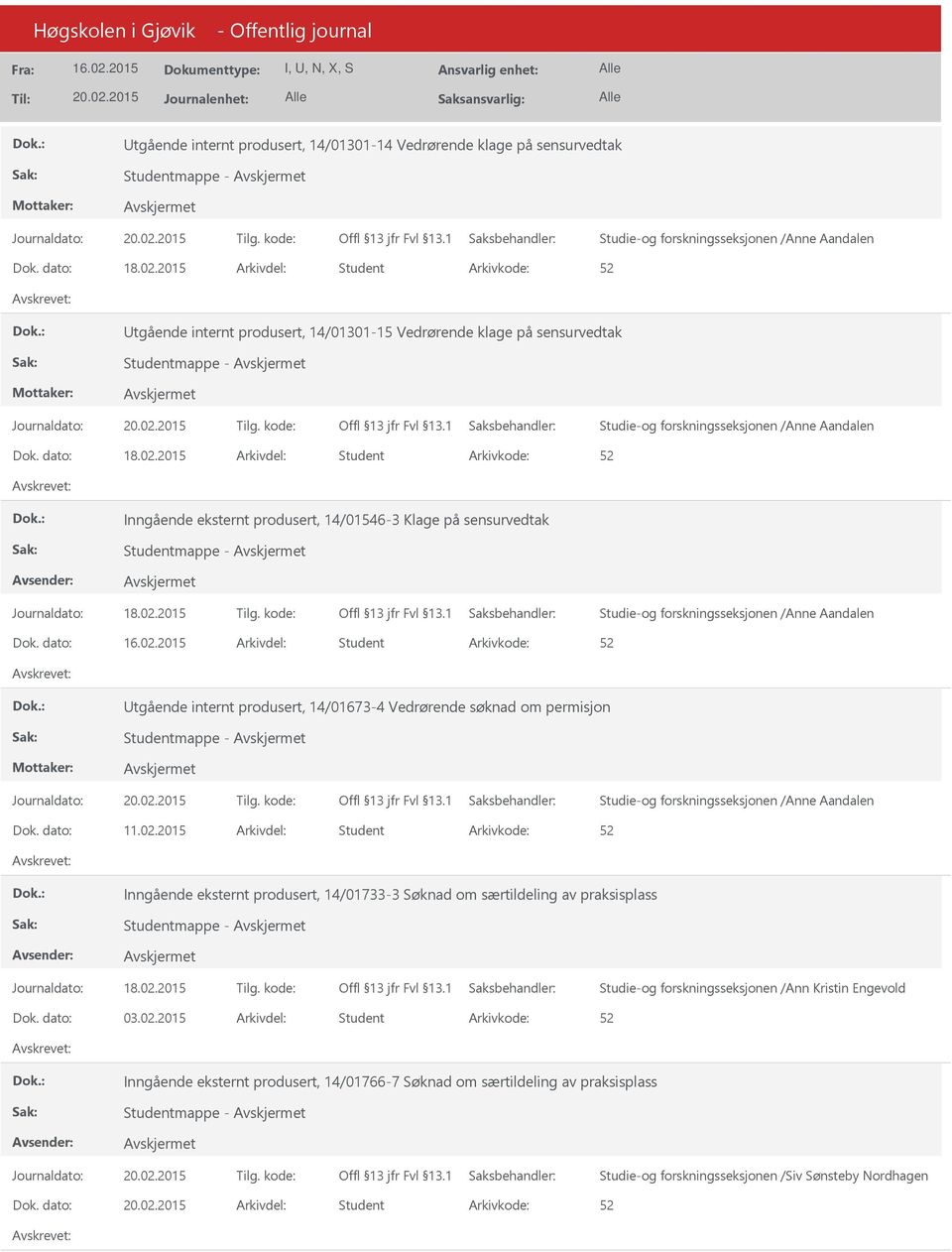 2015 Arkivdel: Student Inngående eksternt produsert, 14/01546-3 Klage på sensurvedtak Studentmappe - Journaldato: 18.02.2015 Tilg. kode: Studie-og forskningsseksjonen /Anne Aandalen Dok.