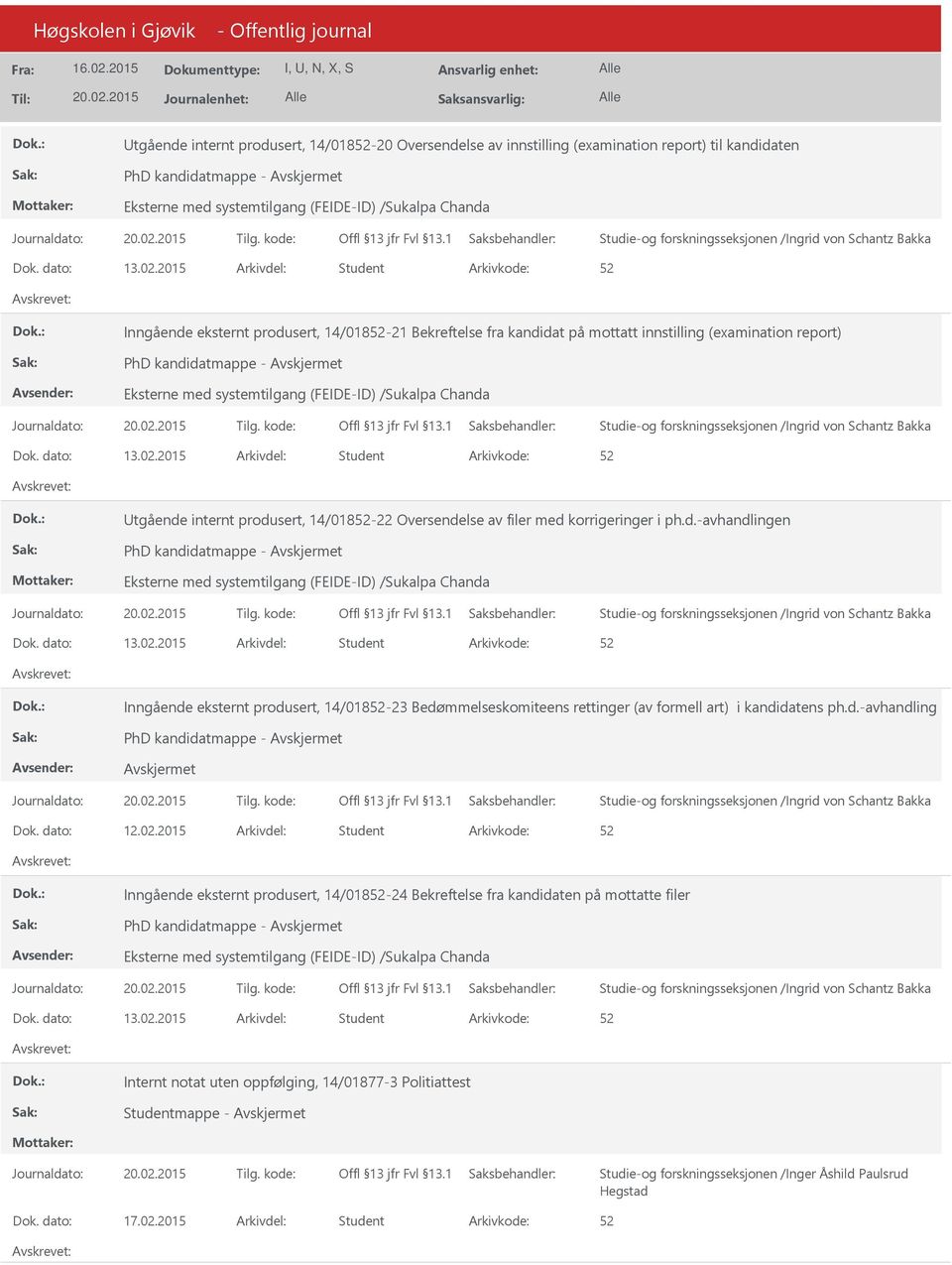 2015 Arkivdel: Student Inngående eksternt produsert, 14/01852-21 Bekreftelse fra kandidat på mottatt innstilling (examination report) PhD kandidatmappe - Eksterne med systemtilgang (FEIDE-ID)