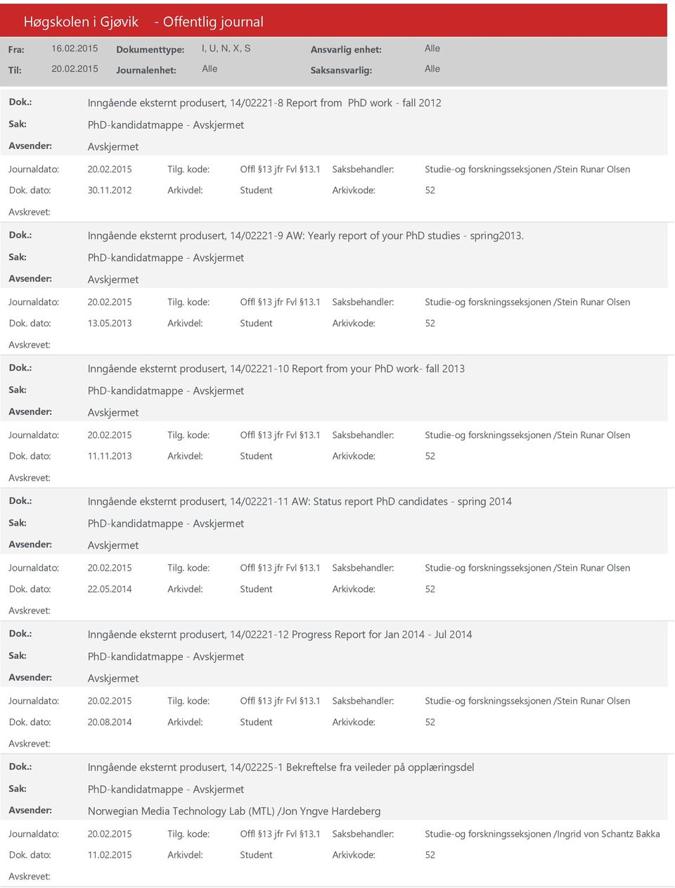 2013 Arkivdel: Student Inngående eksternt produsert, 14/02221-10 Report from your PhD work- fall 2013 PhD-kandidatmappe - Dok. dato: 11.