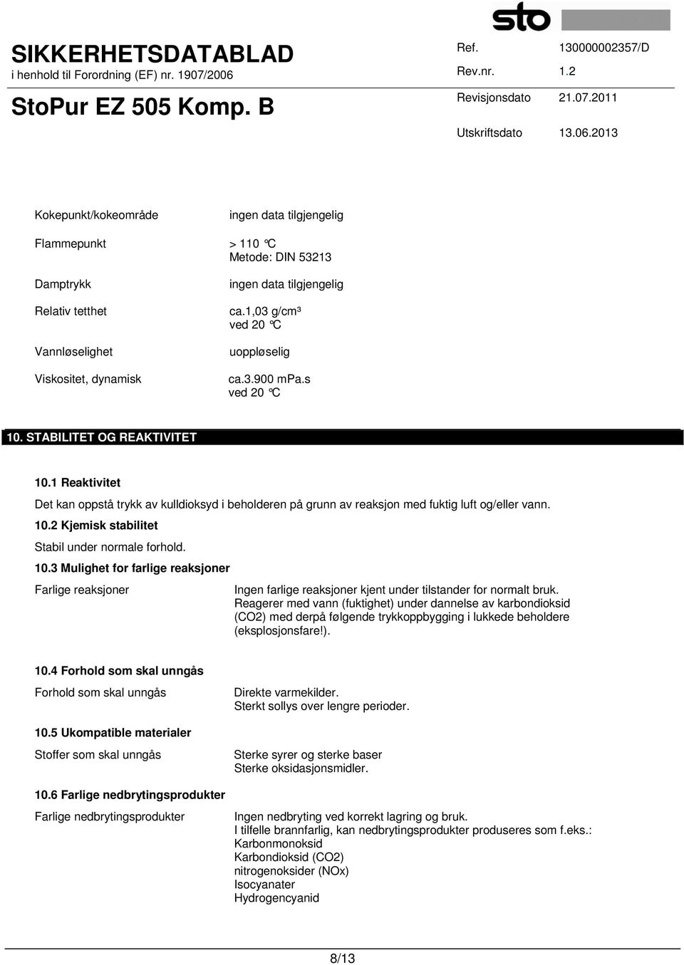 10.3 Mulighet for farlige reaksjoner Farlige reaksjoner Ingen farlige reaksjoner kjent under tilstander for normalt bruk.