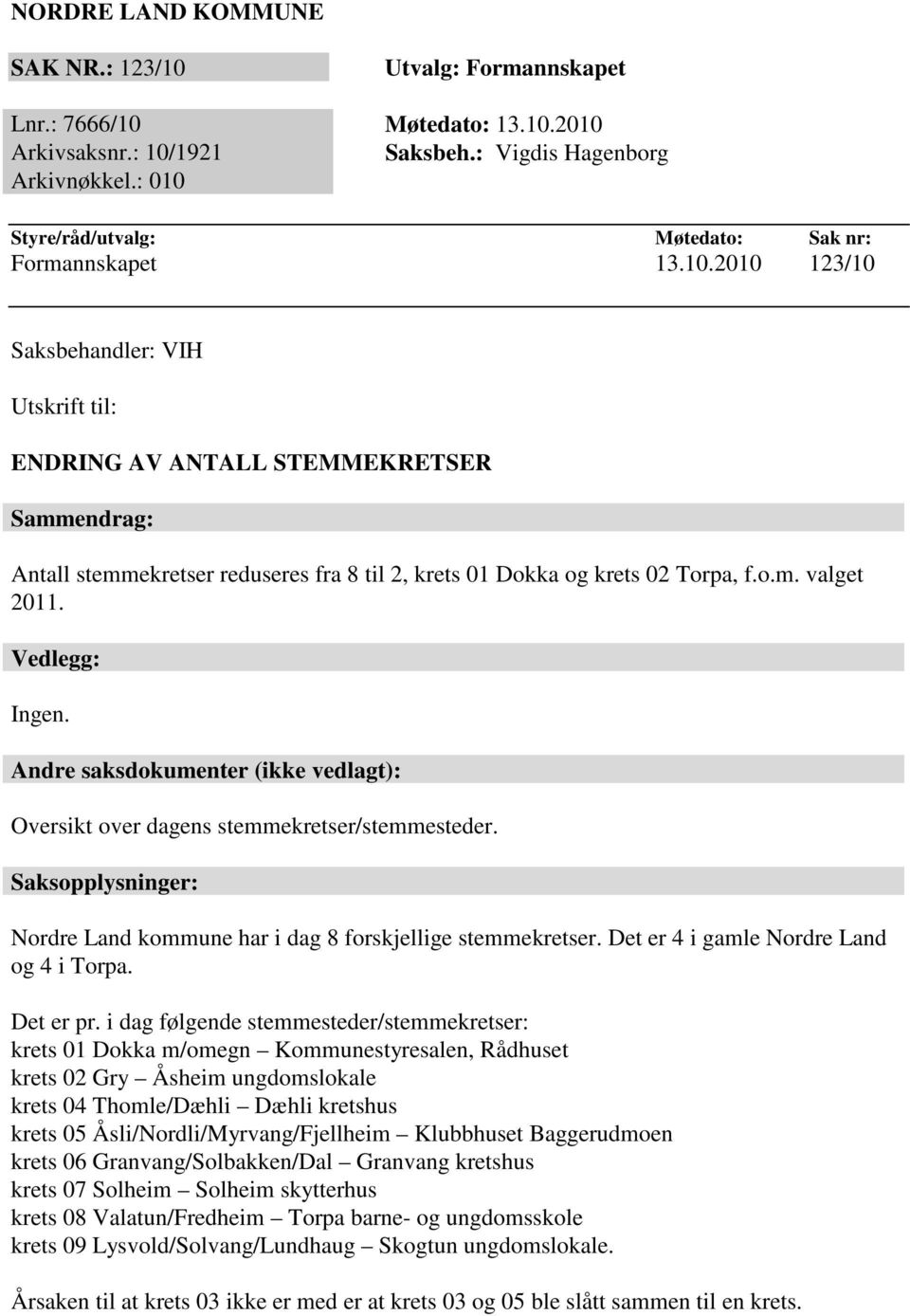 o.m. valget 2011. Vedlegg: Ingen. Andre saksdokumenter (ikke vedlagt): Oversikt over dagens stemmekretser/stemmesteder. Saksopplysninger: Nordre Land kommune har i dag 8 forskjellige stemmekretser.