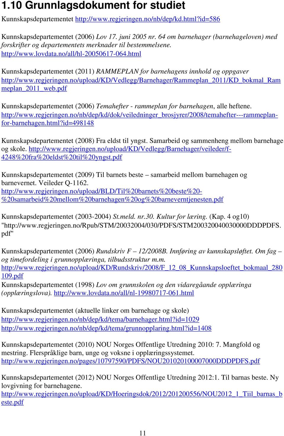 html Kunnskapsdepartementet (2011) RAMMEPLAN for barnehagens innhold og oppgaver http://www.regjeringen.no/upload/kd/vedlegg/barnehager/rammeplan_2011/kd_bokmal_ram meplan_2011_web.