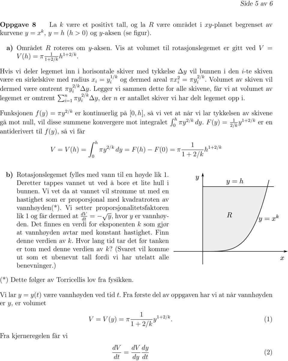 Hvis vi deler legemet inn i horisontale skiver med tykkelse y vil bunnen i den i-te skiven være en sirkelskive med radius x i = y /k i og dermed areal πx 2 i = πy 2/k i.