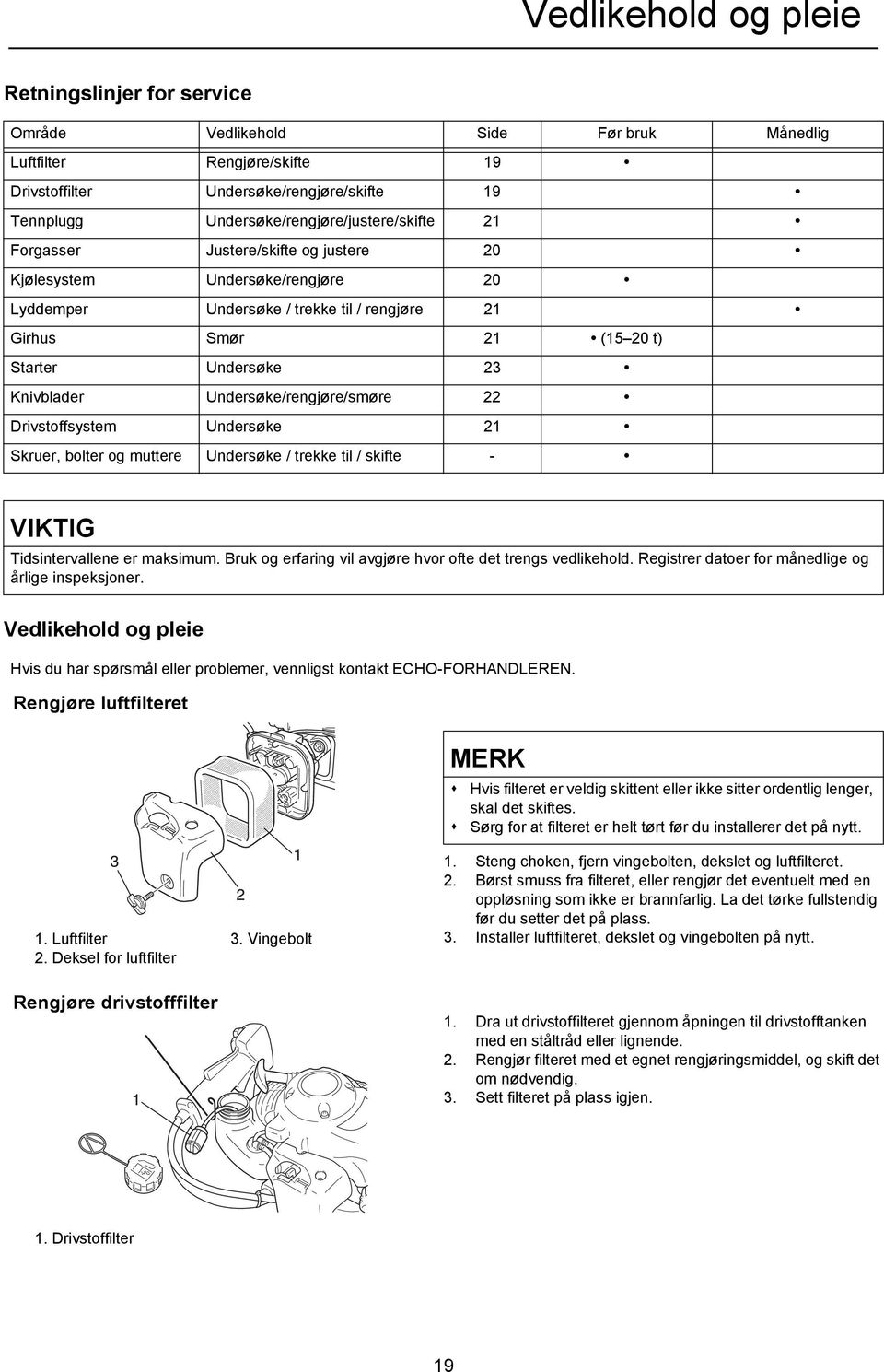 23 Knivblader Undersøke/rengjøre/smøre 22 Drivstoffsystem Undersøke 21 Skruer, bolter og muttere Undersøke / trekke til / skifte - VIKTIG Tidsintervallene er maksimum.