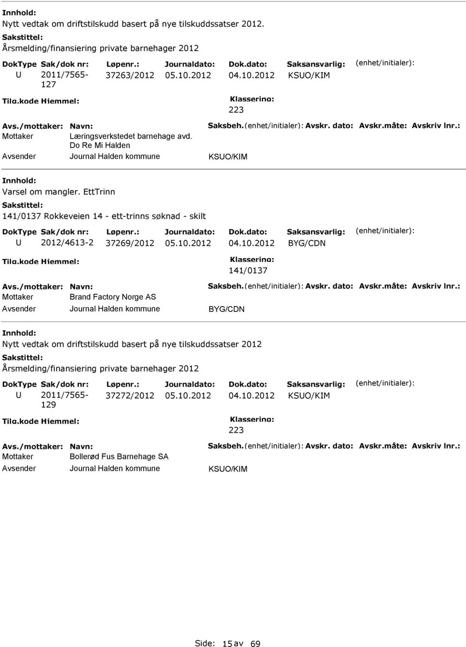 2012 BYG/CDN 141/0137 Avs./mottaker: Navn: Saksbeh. Avskr. dato: Avskr.måte: Avskriv lnr.