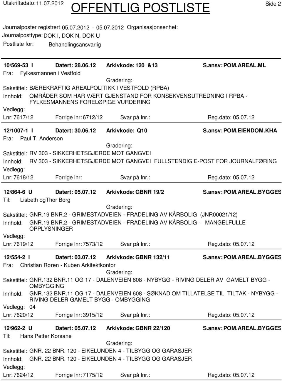 Lnr: 7617/12 Forrige lnr: 6712/12 Svar på lnr.: Reg.dato: 05.07.12 12/1007-1 I Datert: 30.06.12 Arkivkode: Q10 S.ansv: POM.EIENDOM.KHA Fra: Paul T.