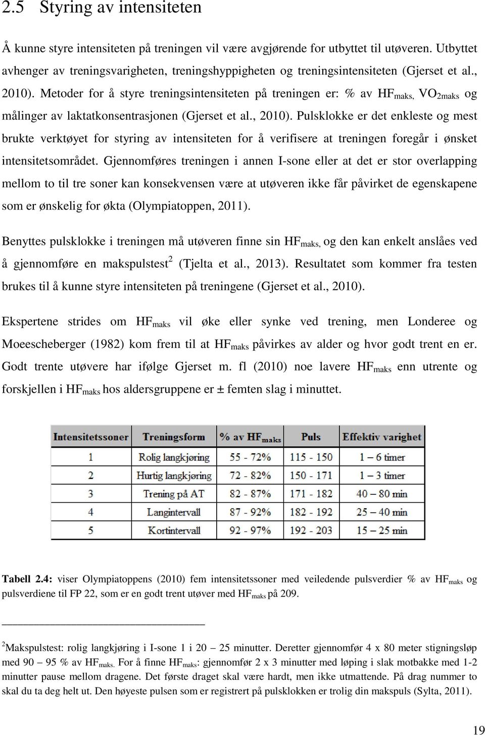 Metoder for å styre treningsintensiteten på treningen er: % av HF maks, VO 2maks og målinger av laktatkonsentrasjonen (Gjerset et al., 2010).